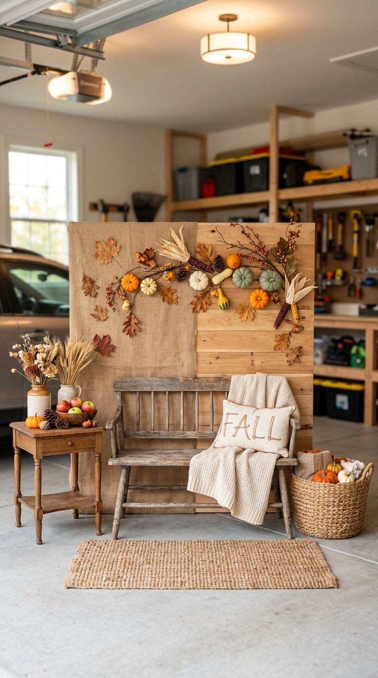 A fall-themed photo corner with pumpkins, dried leaves, and simple Thanksgiving props in a clean garage.