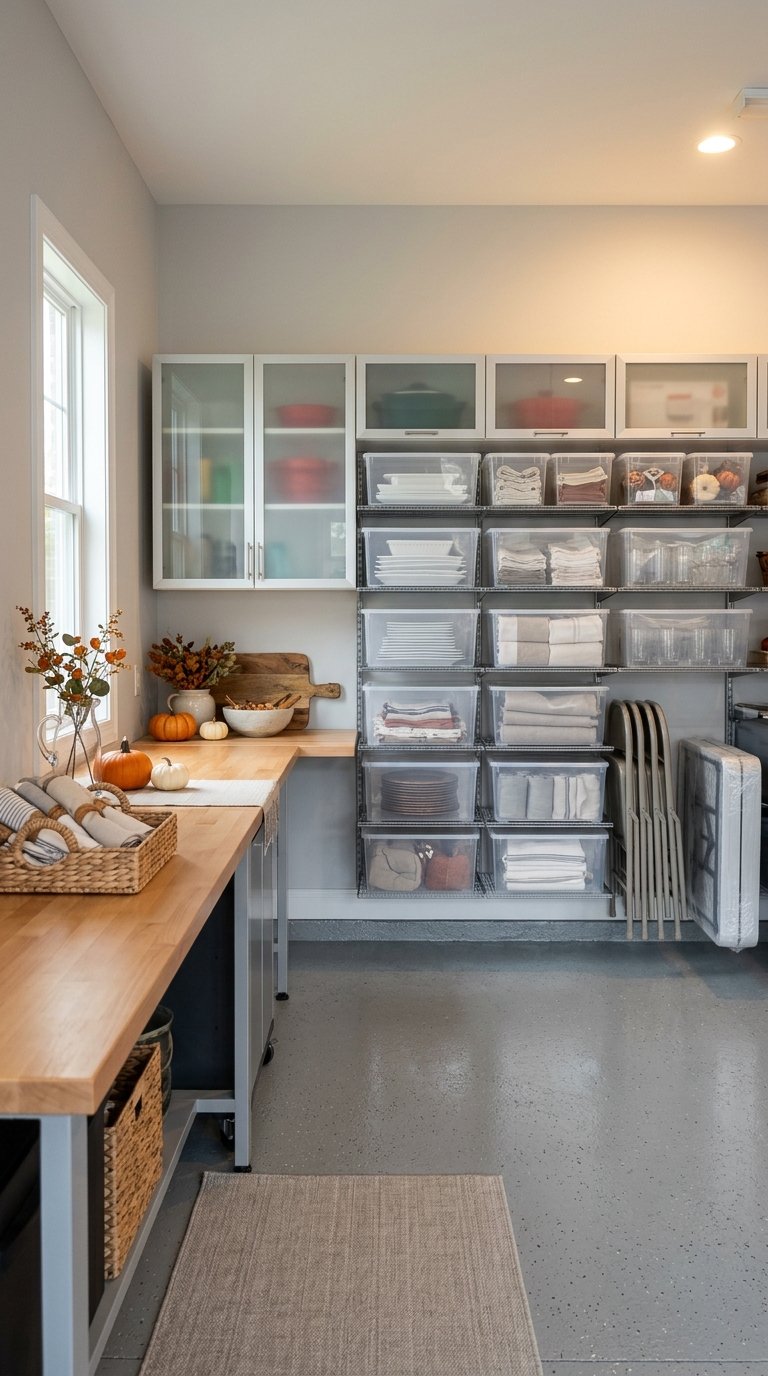 An organized garage with clear storage containers and cabinets neatly holding Thanksgiving entertaining supplies.