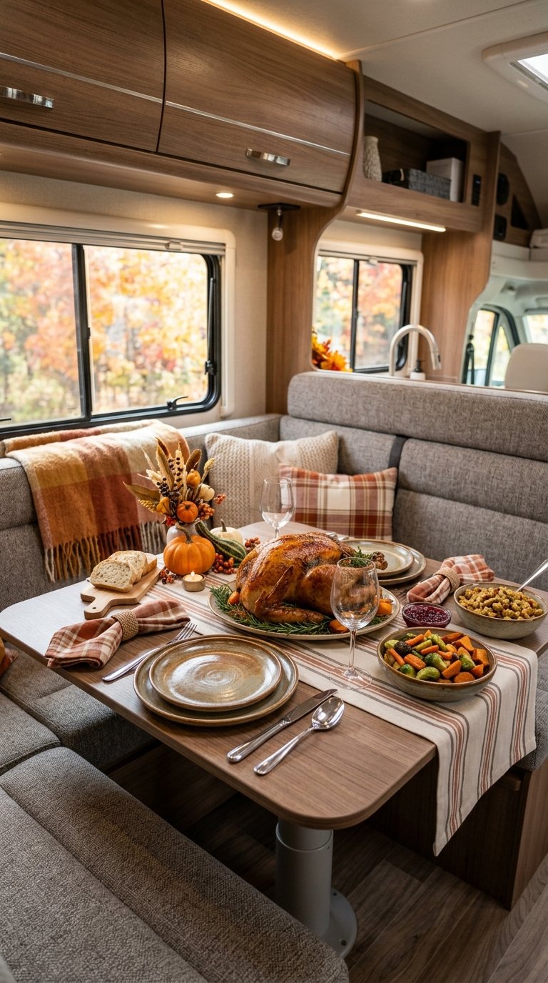 A festive Thanksgiving dinner arranged on a compact table inside a cozy recreational vehicle.
