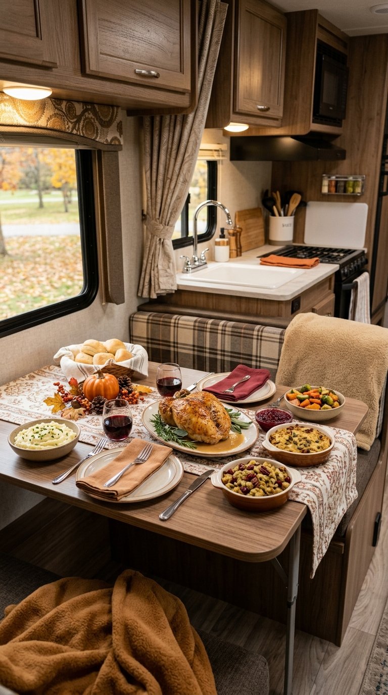 A compact Thanksgiving dinner arranged on a small table inside a cozy RV kitchen.