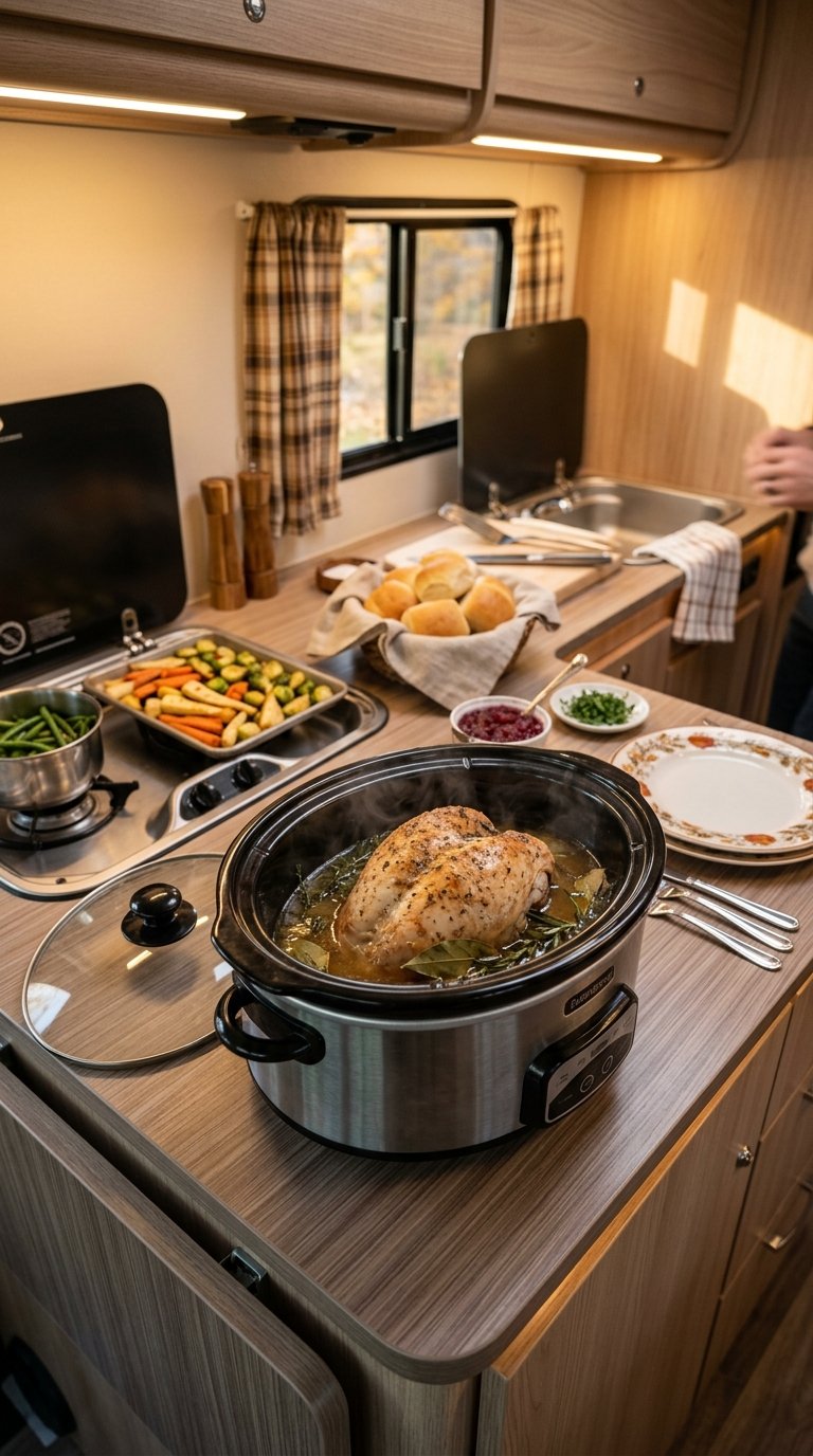 A slow cooker with turkey sits on the counter of a compact RV kitchen, surrounded by Thanksgiving side dishes.