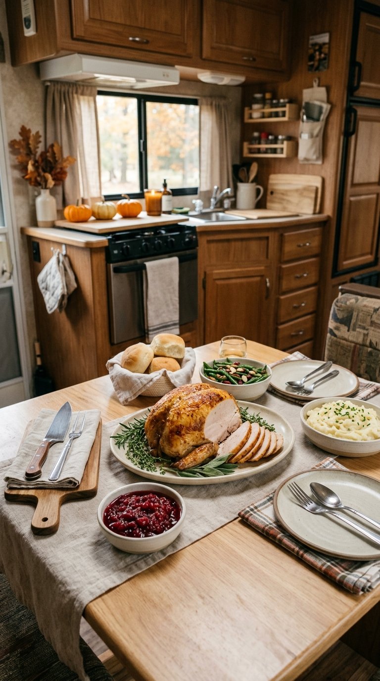 A small roasted turkey breast with Thanksgiving side dishes arranged in a compact RV kitchen.