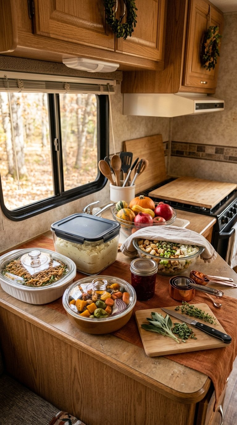 An organized RV kitchen counter displays covered Thanksgiving side dishes and preparation ingredients.