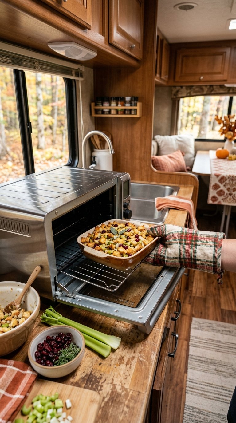 A casserole dish of Thanksgiving stuffing baking in a small countertop oven inside an RV kitchen.