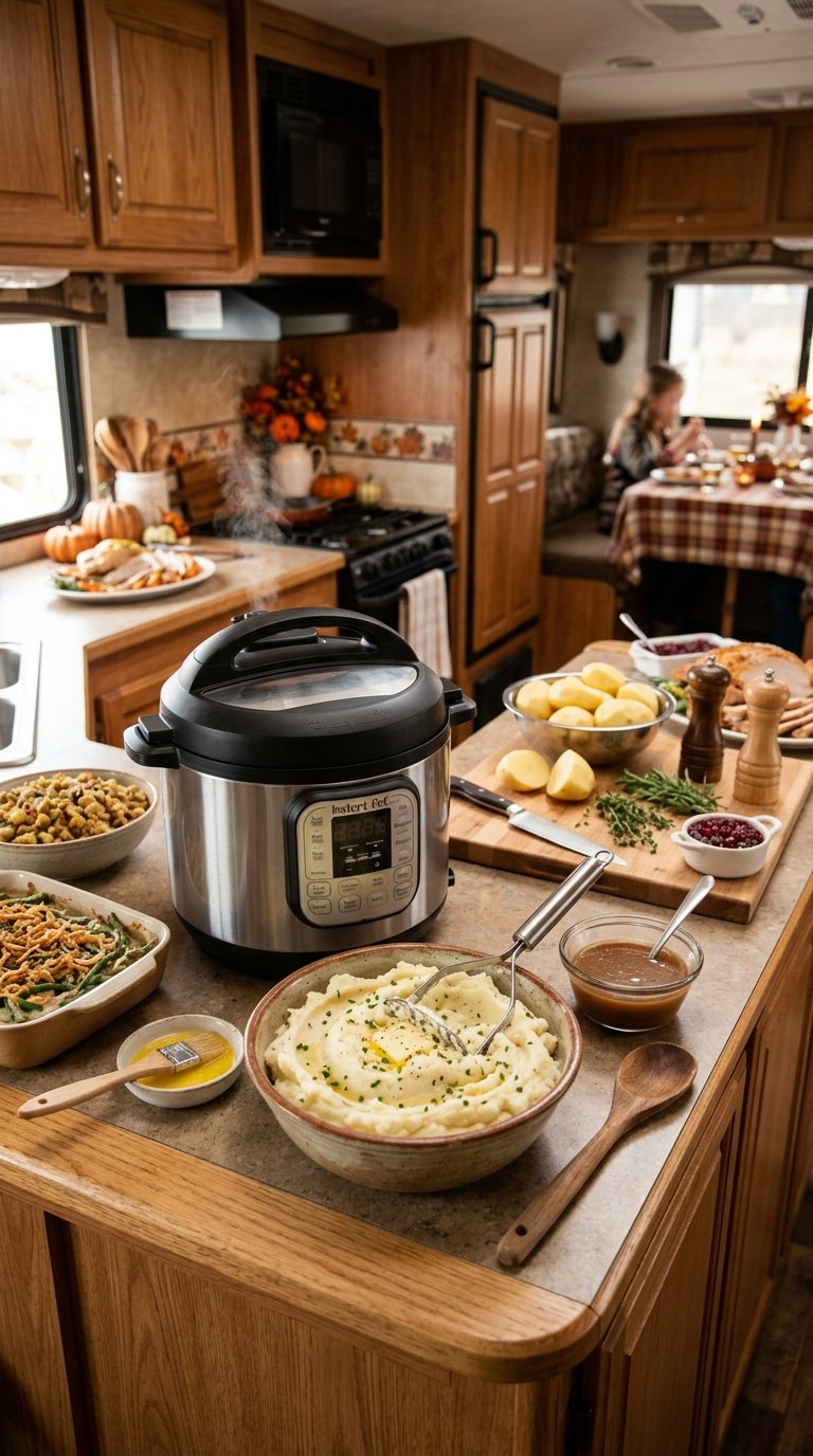 An Instant Pot and a bowl of mashed potatoes on a compact RV kitchen counter prepared for Thanksgiving.