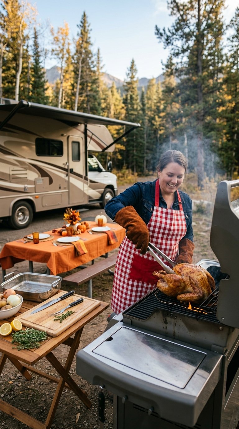 A person cooks a roasted turkey on an outdoor grill beside an RV at a campsite.