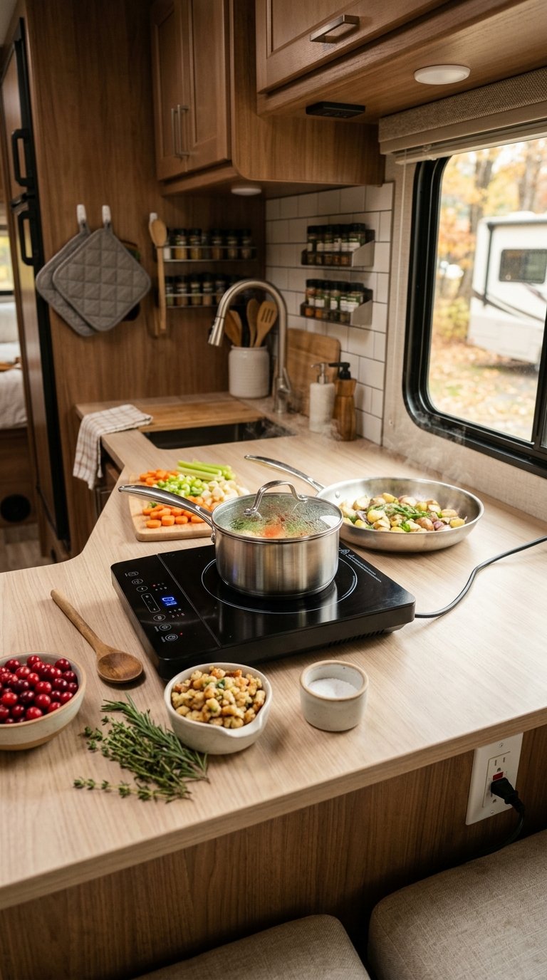 A portable induction cooktop with cookware and Thanksgiving ingredients on the counter of a compact RV kitchen.