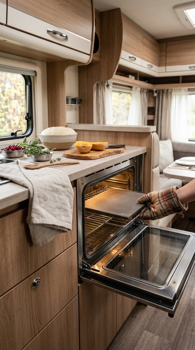A baking stone being placed on the rack of an open RV oven.