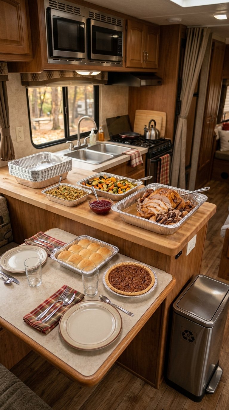 A Thanksgiving meal served in foil pans inside a compact RV kitchen and dining area.