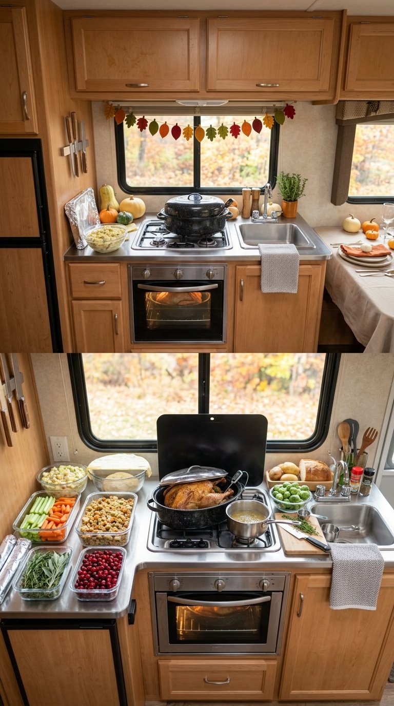 Organized Thanksgiving ingredients and cookware arranged in a compact RV kitchen for advance meal preparation.