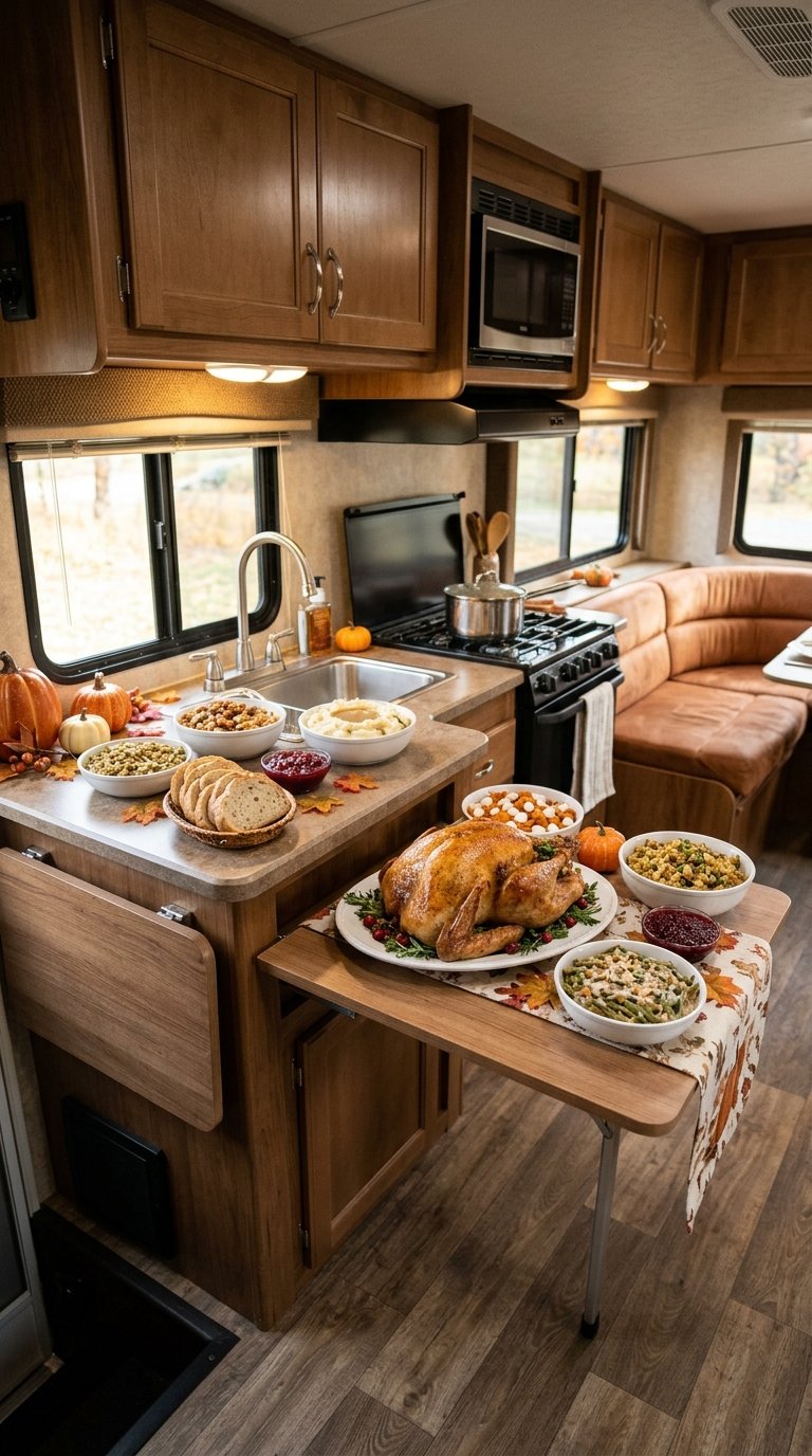 A folding table extends the counter space in an RV kitchen prepared for Thanksgiving dinner.