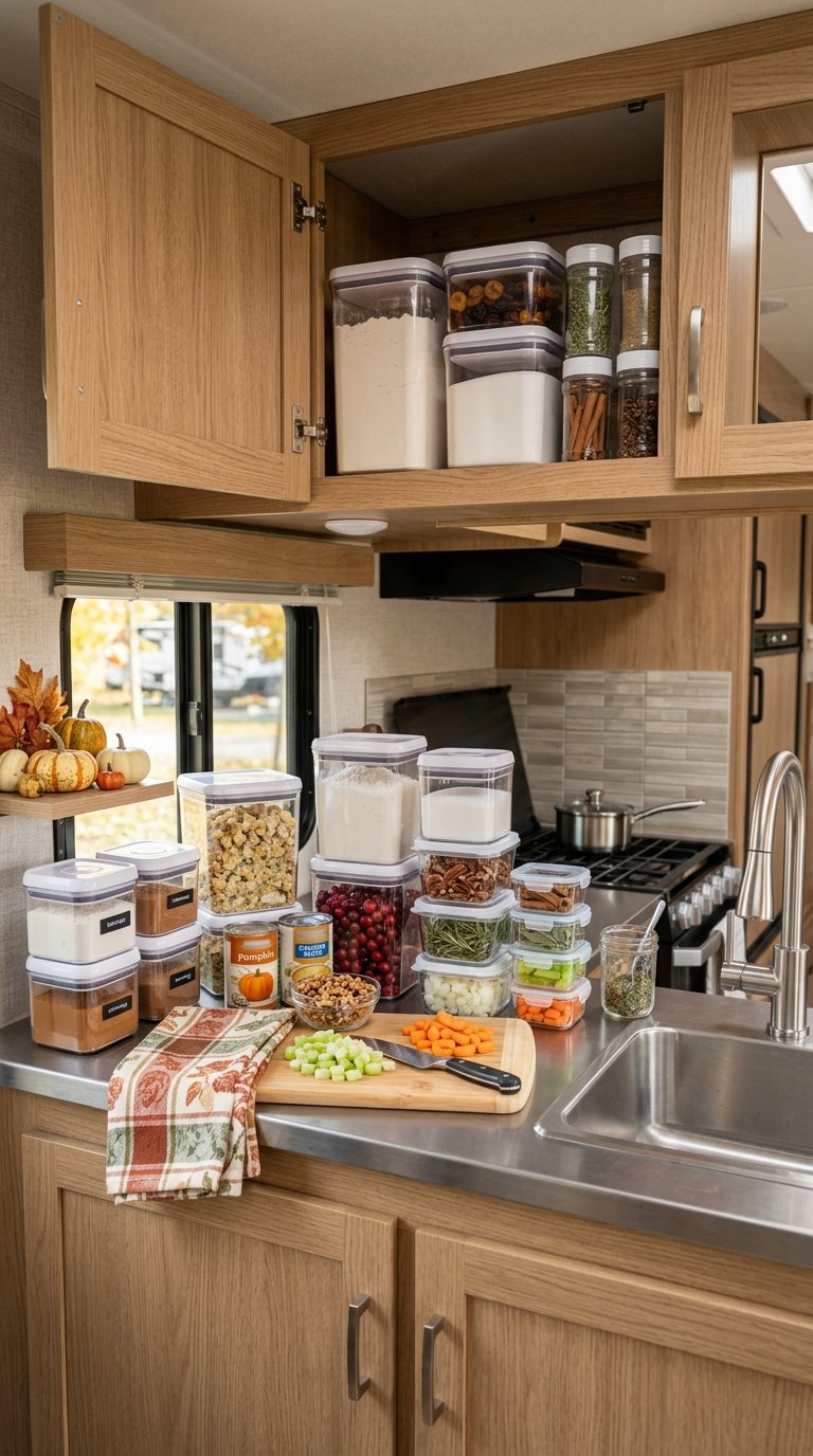 Stackable containers of Thanksgiving ingredients organized in a compact RV kitchen.