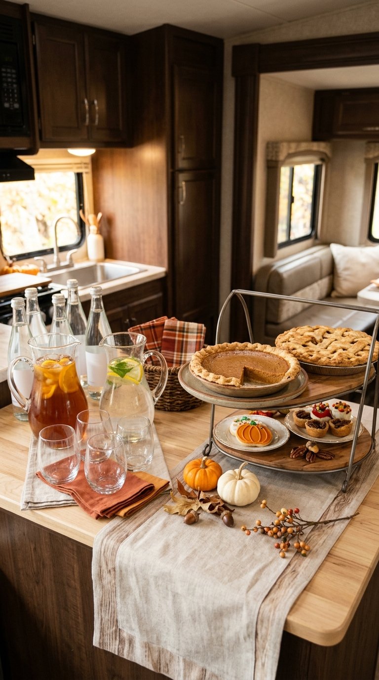 A compact RV drink and dessert station arranged for Thanksgiving with beverages, pies, cookies, and fall decorations.