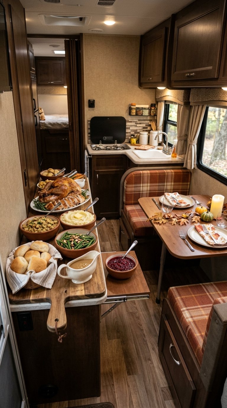 A compact RV dining area with Thanksgiving food arranged buffet-style on a serving table.