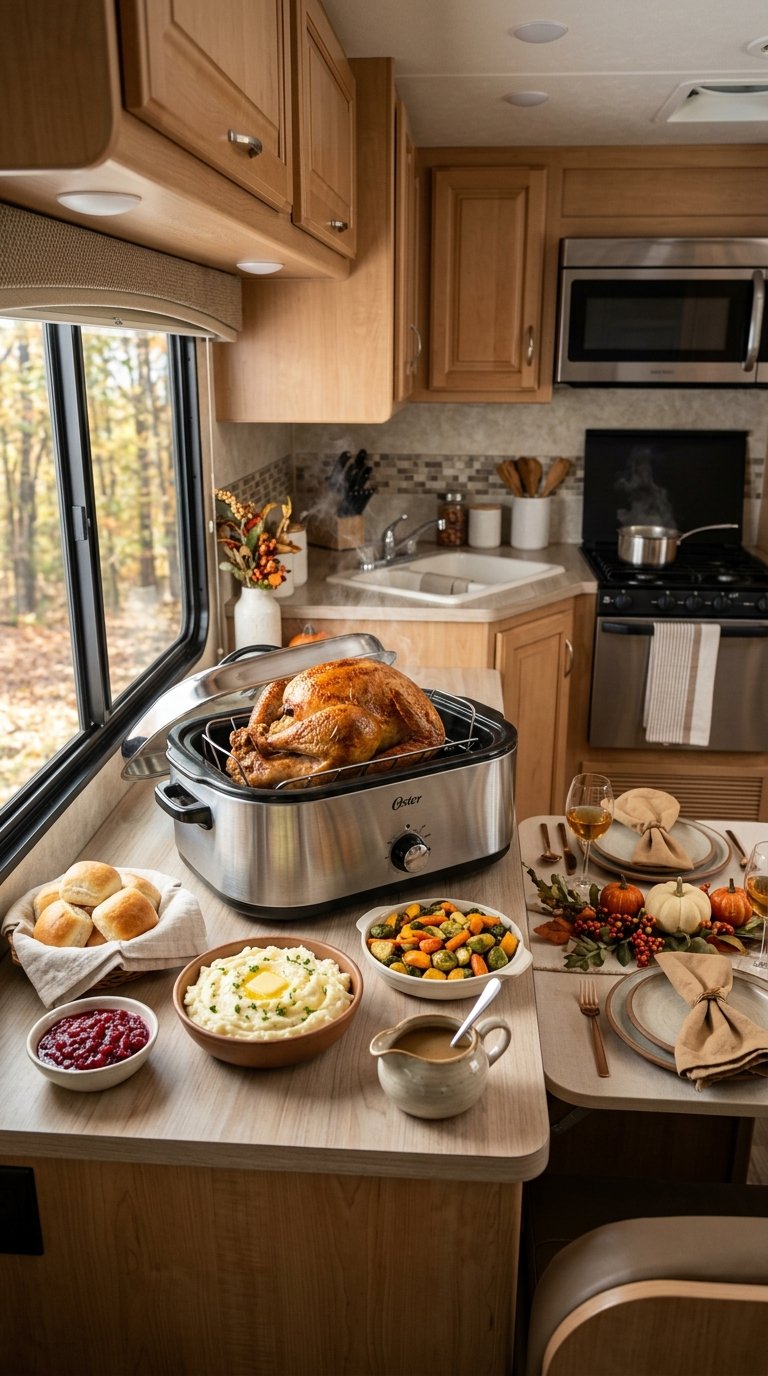 An electric roaster holding a golden turkey sits on an RV kitchen counter beside Thanksgiving side dishes.