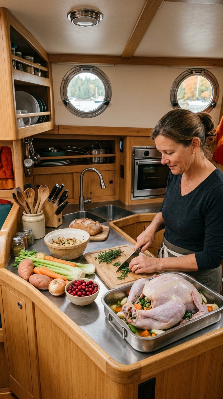 A cook prepares a Thanksgiving meal in a compact boat galley with seasonal ingredients and cooking utensils.