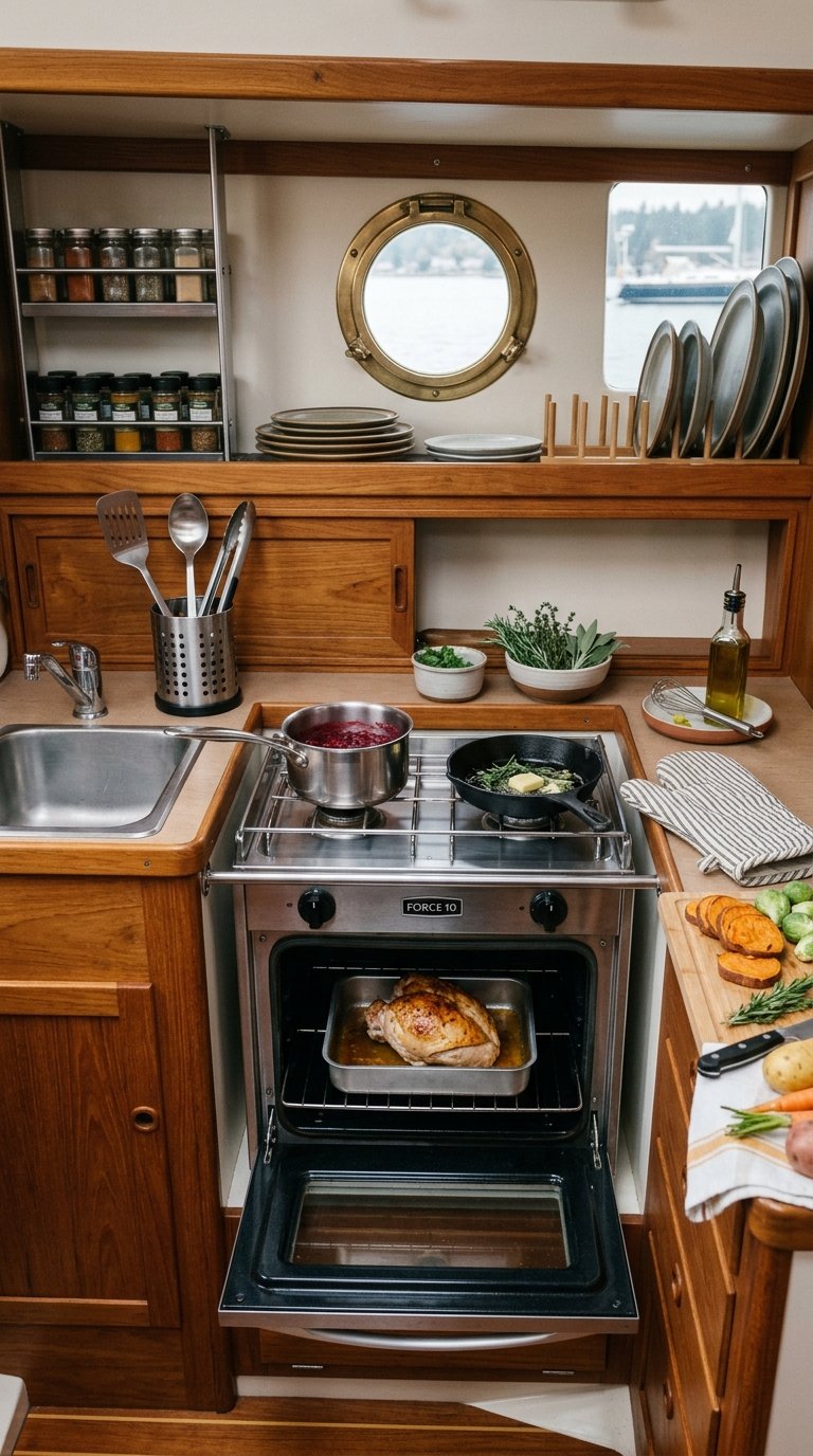 A compact boat galley with a small oven and stovetop preparing an organized Thanksgiving meal.