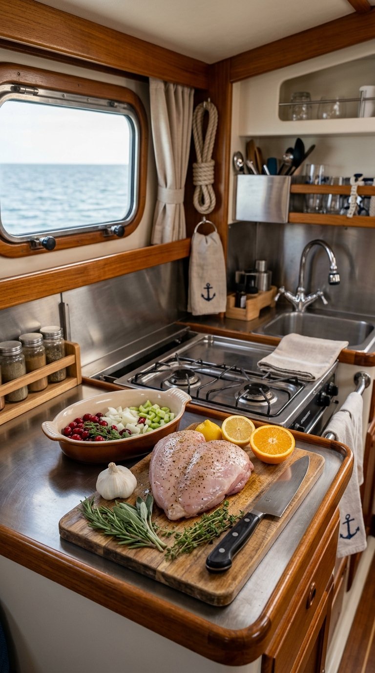 A turkey breast and fresh herbs arranged on a cutting board in a compact boat galley kitchen.