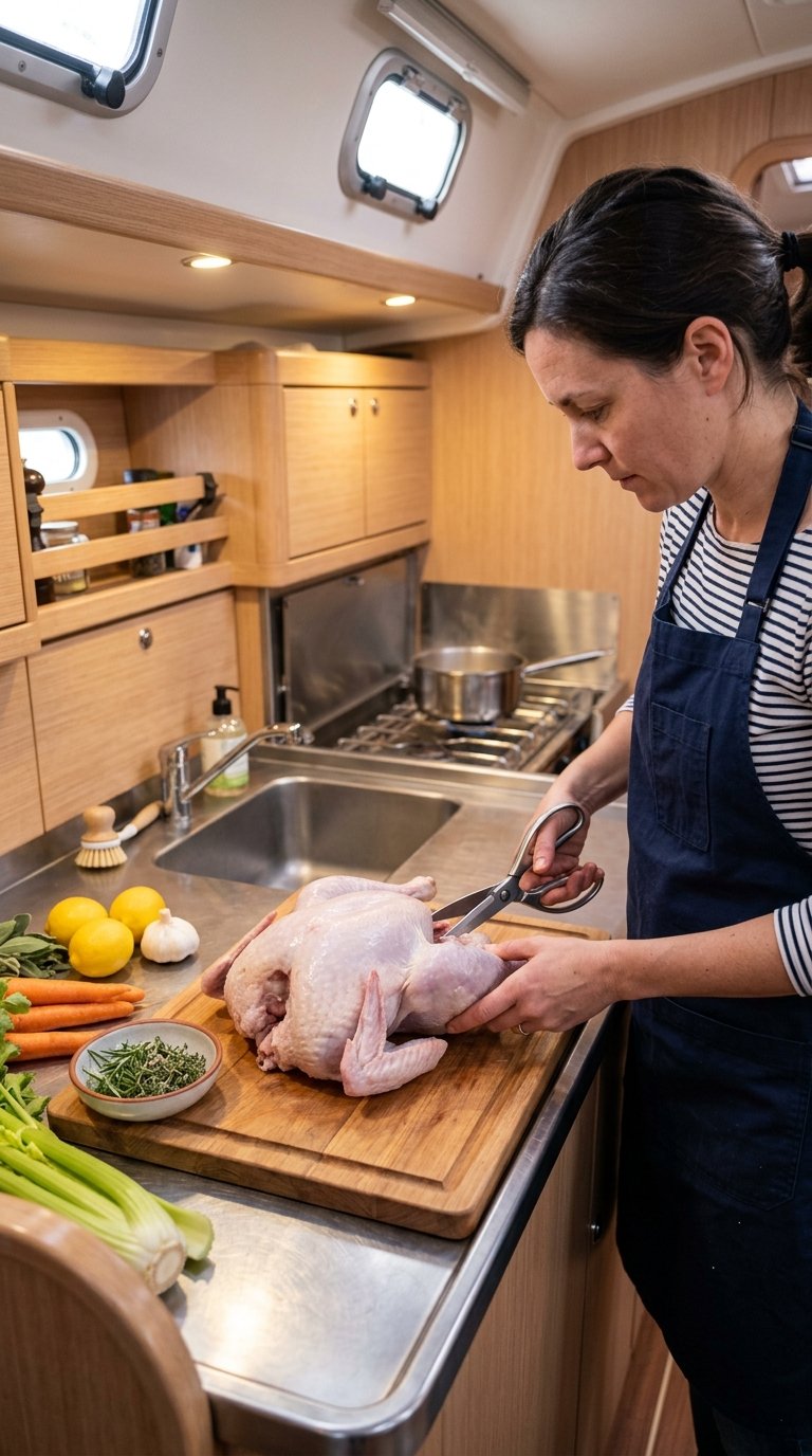 A cook flattens a whole turkey with kitchen shears on a cutting board in a compact boat galley.