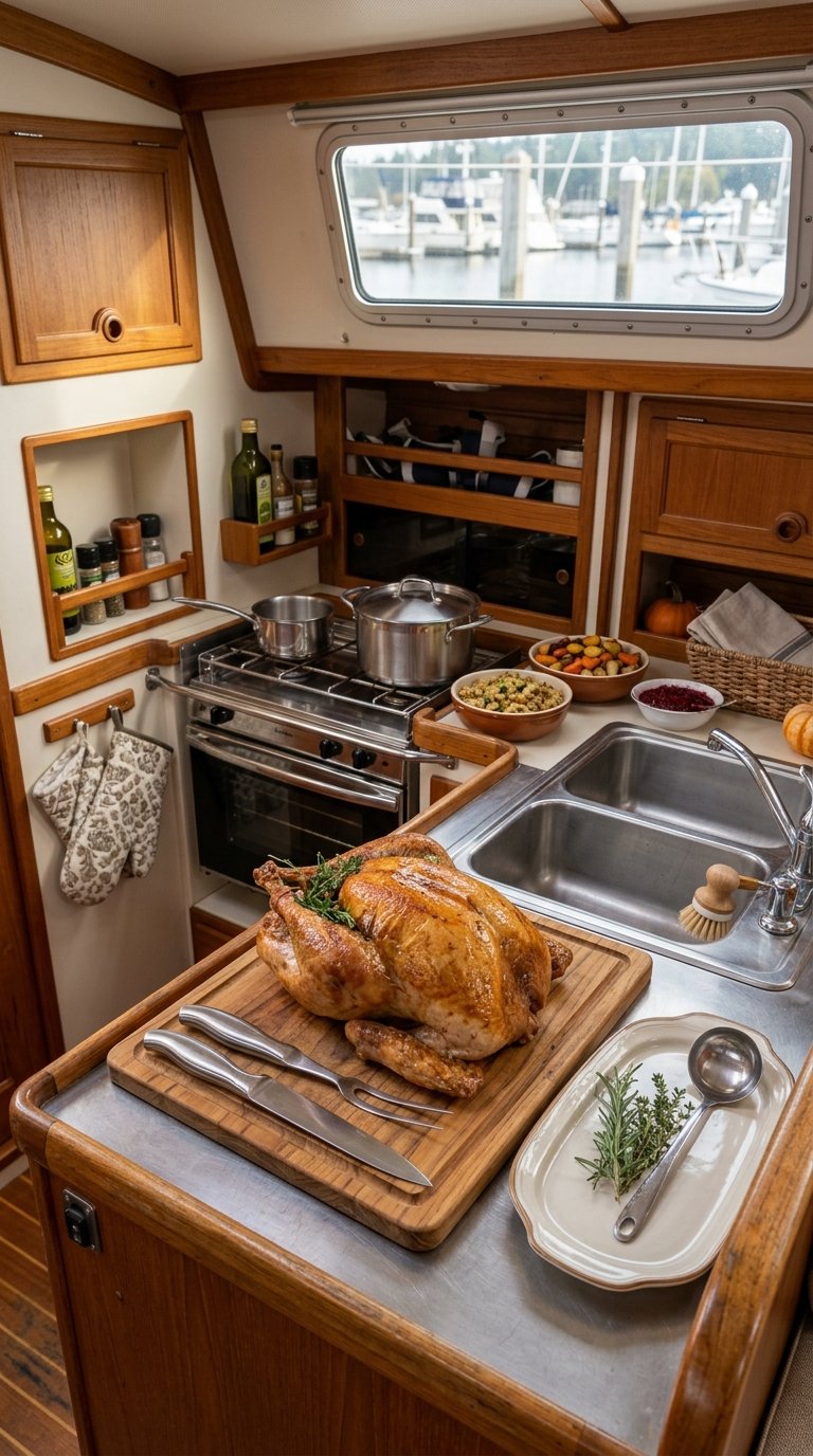 A roasted turkey rests on a cutting board in an organized boat galley overlooking calm water.