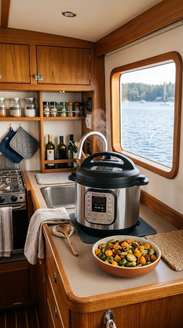 A compact electric pressure cooker prepares a Thanksgiving side dish in a boat galley.