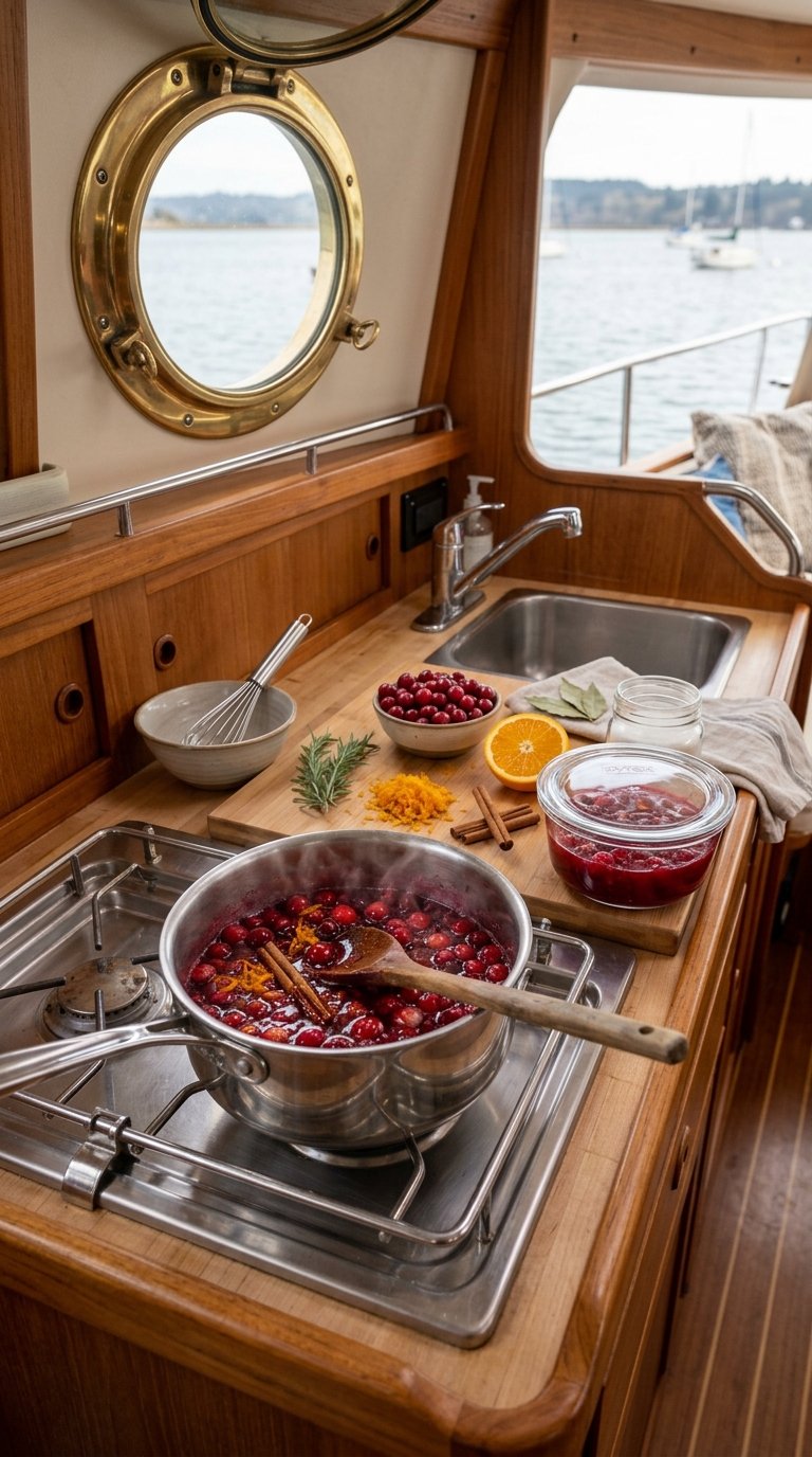 A saucepan of cranberry sauce and ingredients arranged in a compact boat galley.