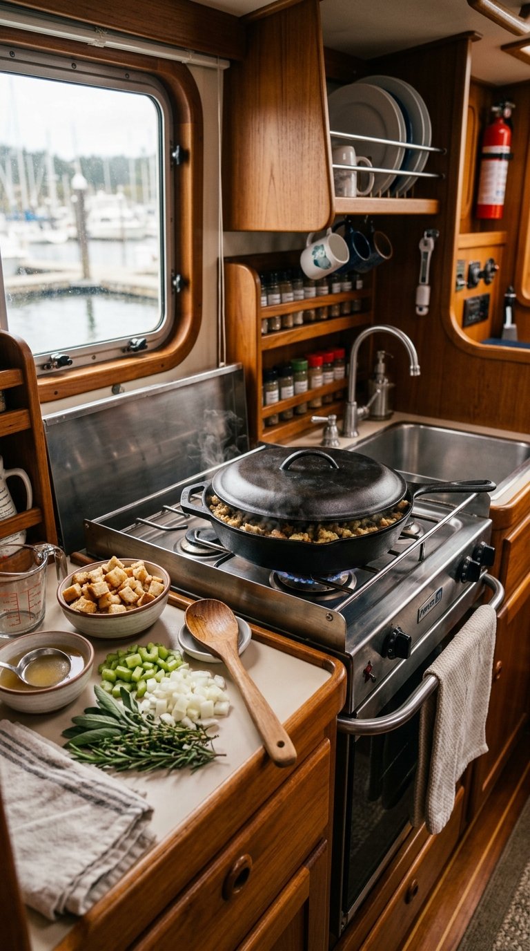 A covered skillet of stuffing cooks on a compact boat galley stovetop beside Thanksgiving ingredients.