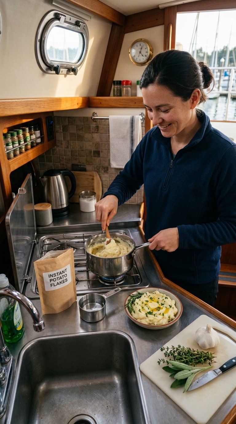 A cook prepares mashed potatoes in a compact boat galley using a small amount of water and simple ingredients.