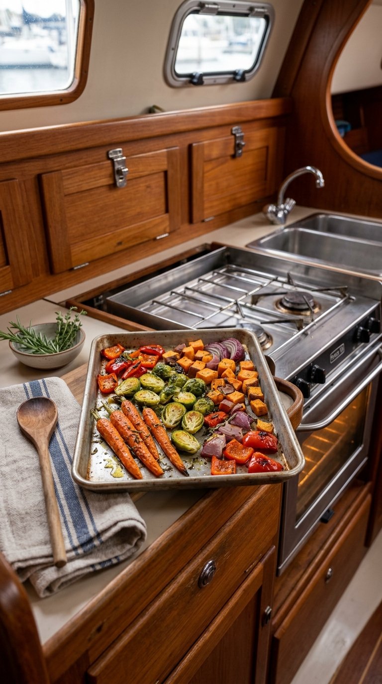 A small sheet pan of colorful roasted vegetables sits on the counter of a compact boat galley.