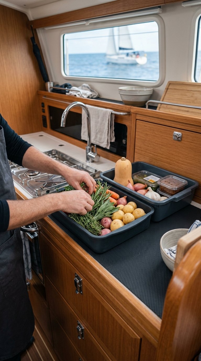 Ingredients are secured in containers and a non-slip tray in a compact boat galley.