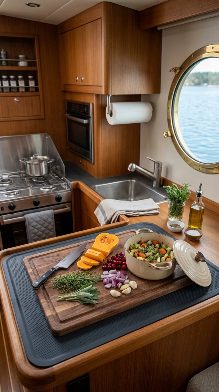 A boat galley countertop with a cutting board and cookware secured on non-slip mats beside Thanksgiving ingredients.