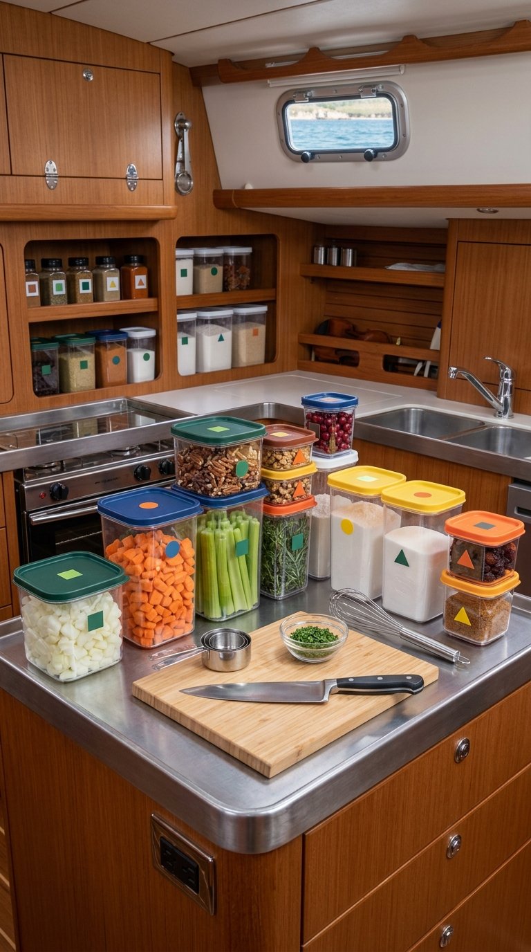 Pre-measured Thanksgiving ingredients are organized in storage containers throughout a compact boat galley.