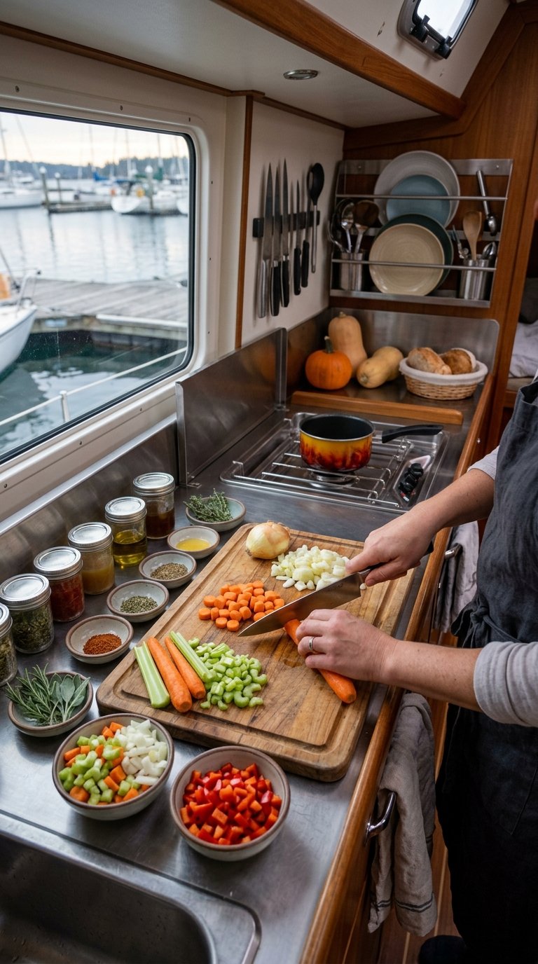 Hands chop fresh vegetables and prepare bowls of sauces in a compact boat galley.