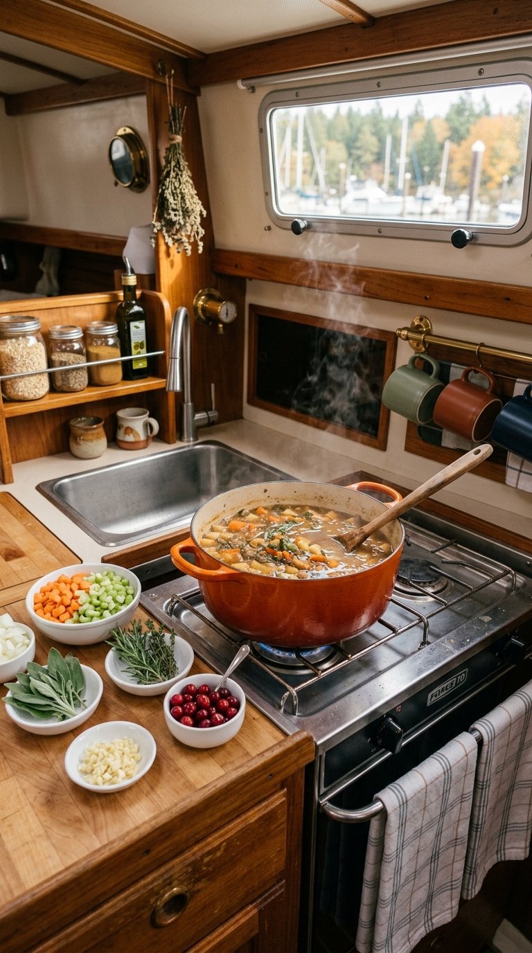 A compact boat galley with a Dutch oven simmering a Thanksgiving dish on the stovetop and a few vegetables arranged nearby.