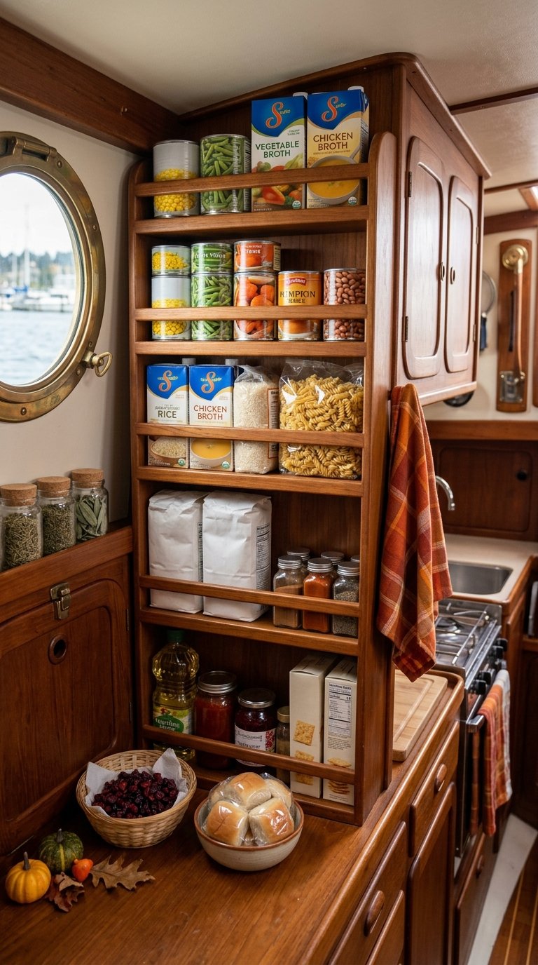 Shelf-stable pantry ingredients arranged in a compact boat galley.