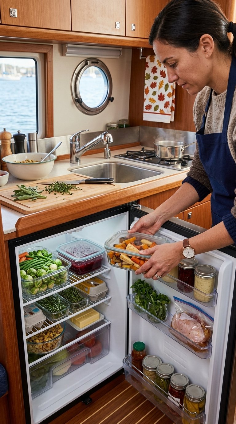 A cook organizes Thanksgiving ingredients inside a small refrigerator in a boat galley.