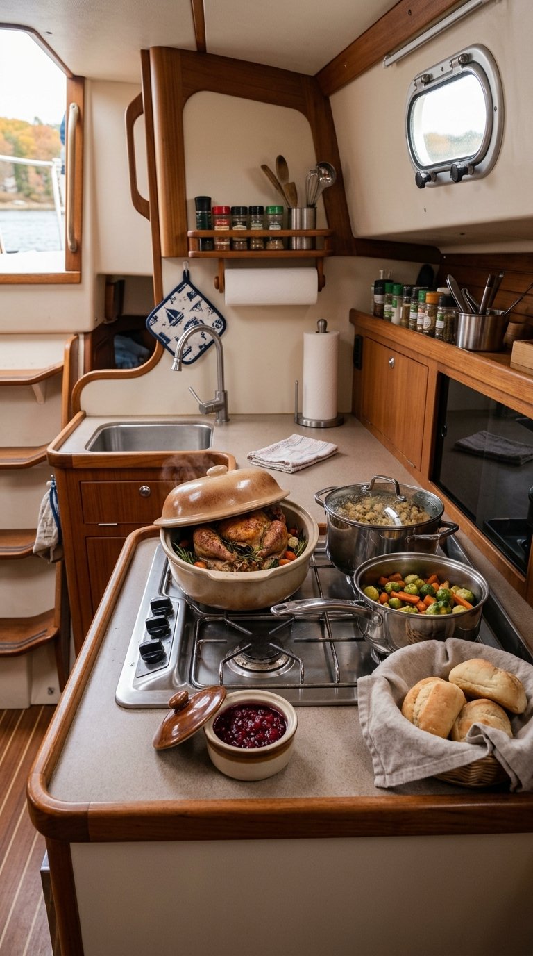 Covered Thanksgiving dishes keep warm on the countertop of a boat galley.