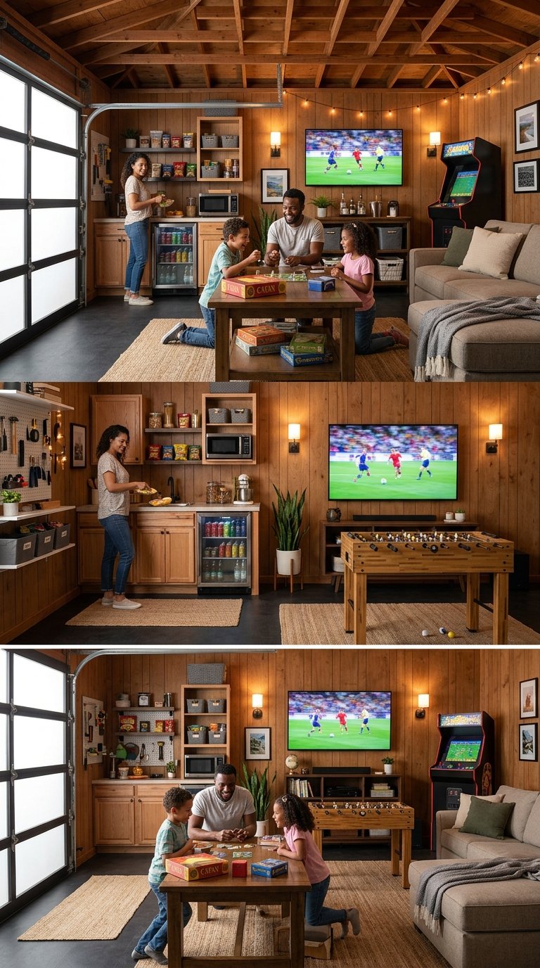 A family relaxes together in a cozy garage with seating, games, a television, and organized storage.
