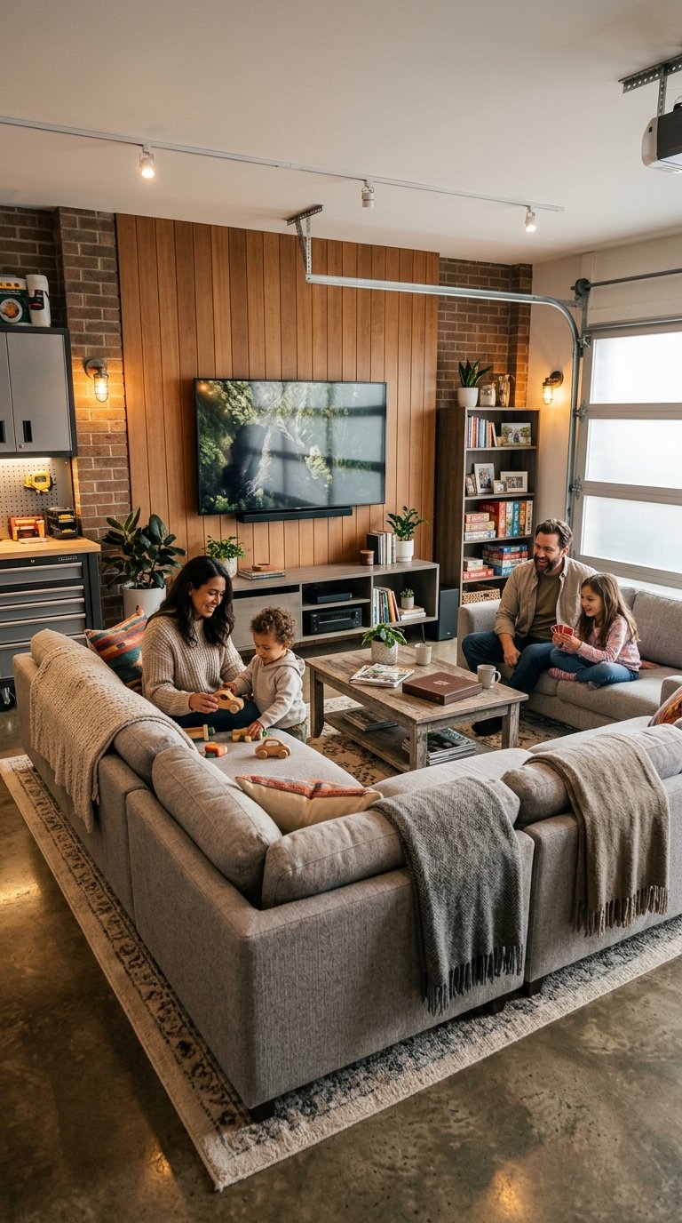 A family relaxes together on a sectional sofa in a warm, comfortable garage lounge.
