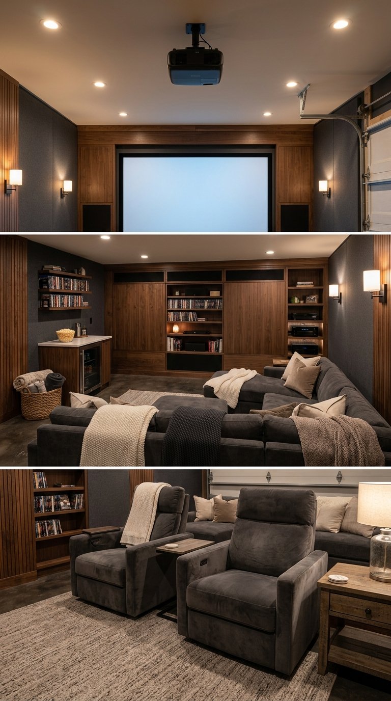 A cozy garage movie theater with a blank projection screen, ceiling-mounted projector, built-in cabinets, and comfortable family seating.