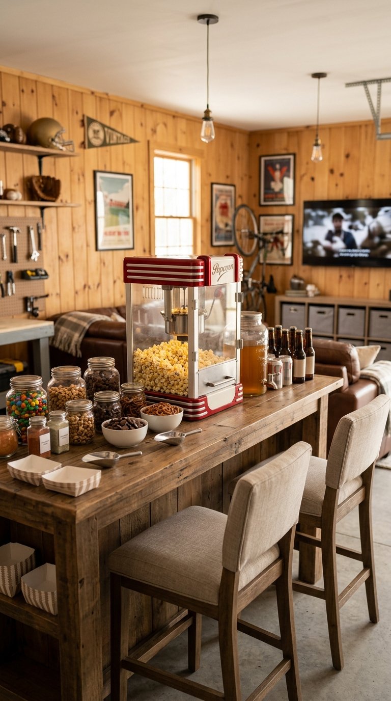 A cozy garage entertainment area with a countertop popcorn machine, bowls of snacks, and comfortable seating.