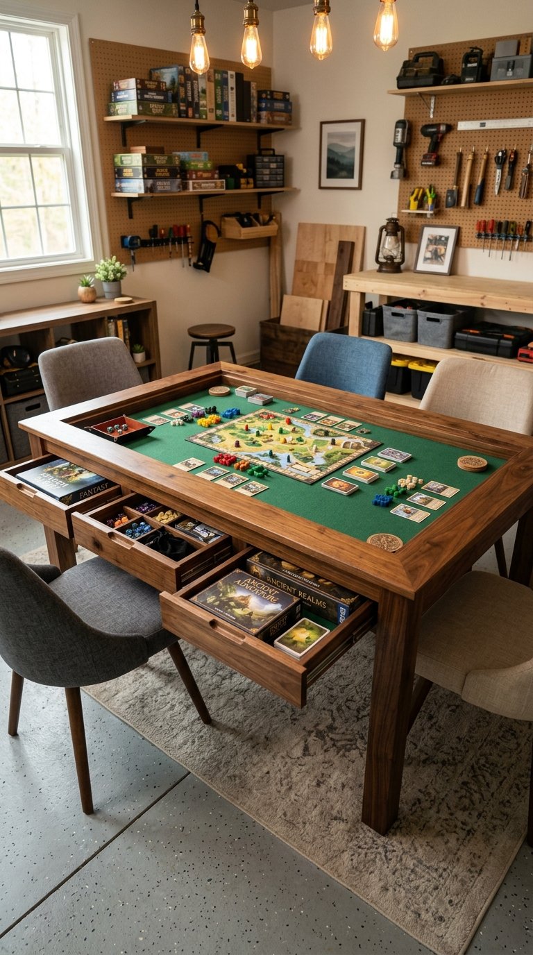 A cozy garage game room with a wooden board game table, storage drawers, chairs, and organized games.