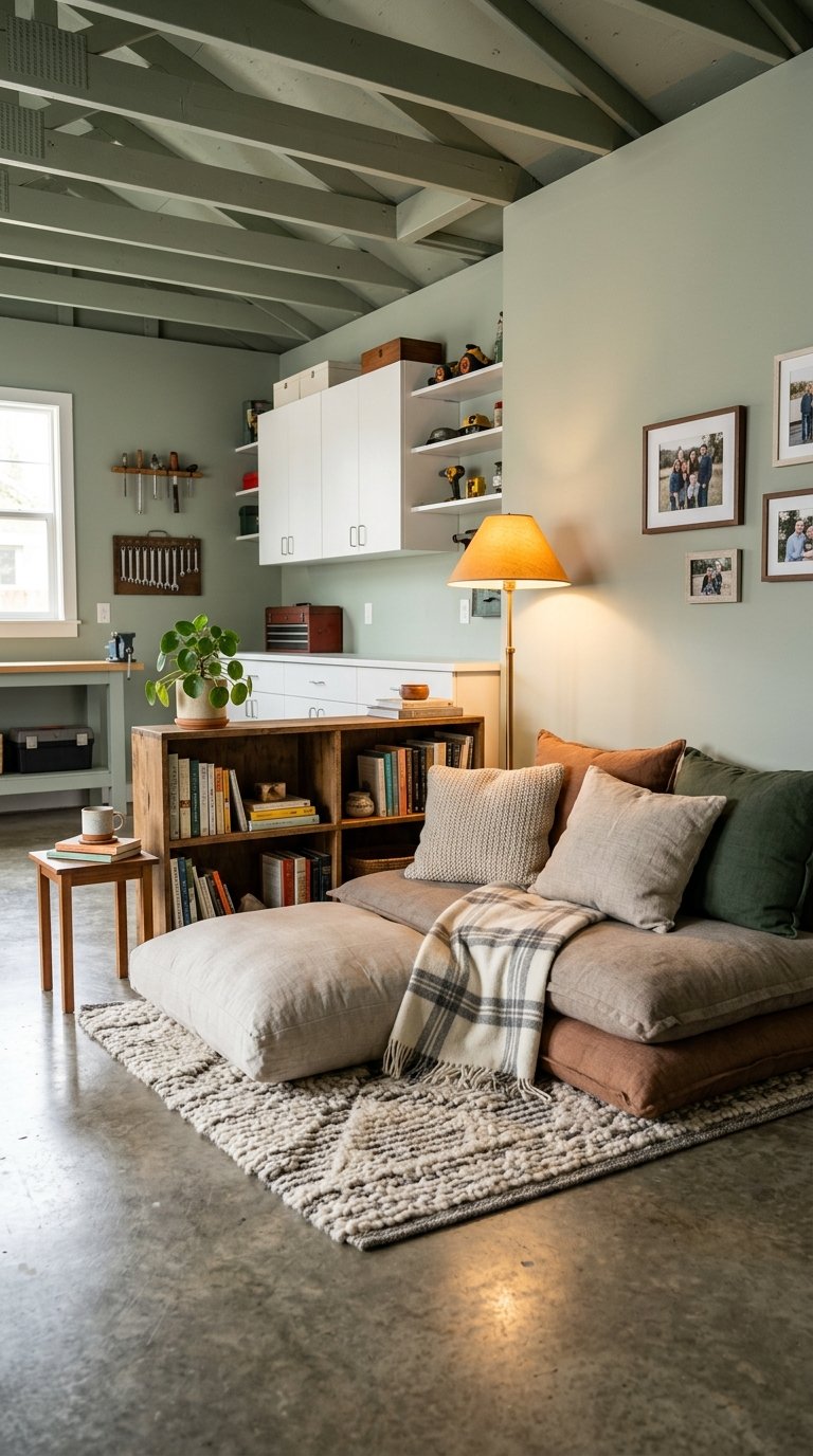 A cozy reading corner with floor cushions, a low bookshelf, warm lighting, and a throw blanket in an organized garage room.