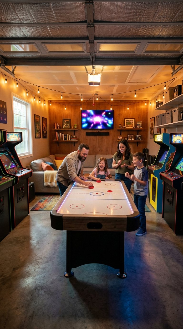 A family enjoys arcade games together in a cozy garage game room.