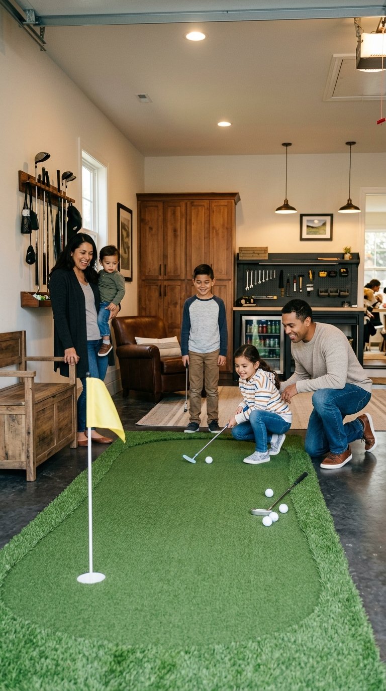 A family enjoys putting together on an indoor garage golf green.