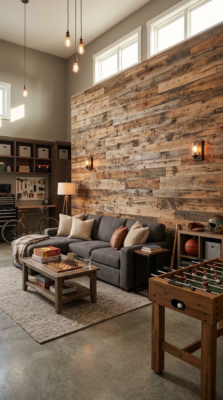 A cozy garage lounge with a rustic wood accent wall, comfortable seating, warm lighting, and family recreational furnishings.