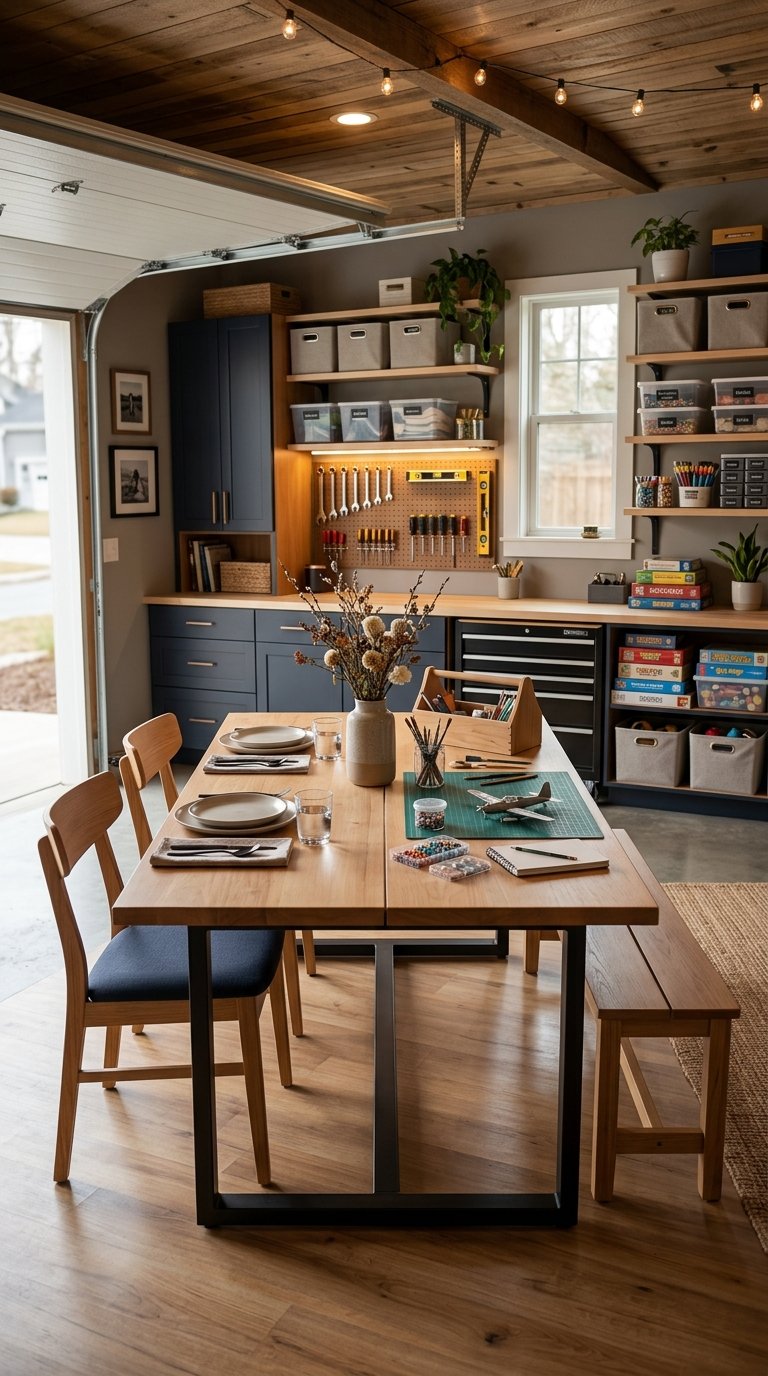 A cozy organized garage features a multipurpose dining and craft table surrounded by family seating and hobby storage.