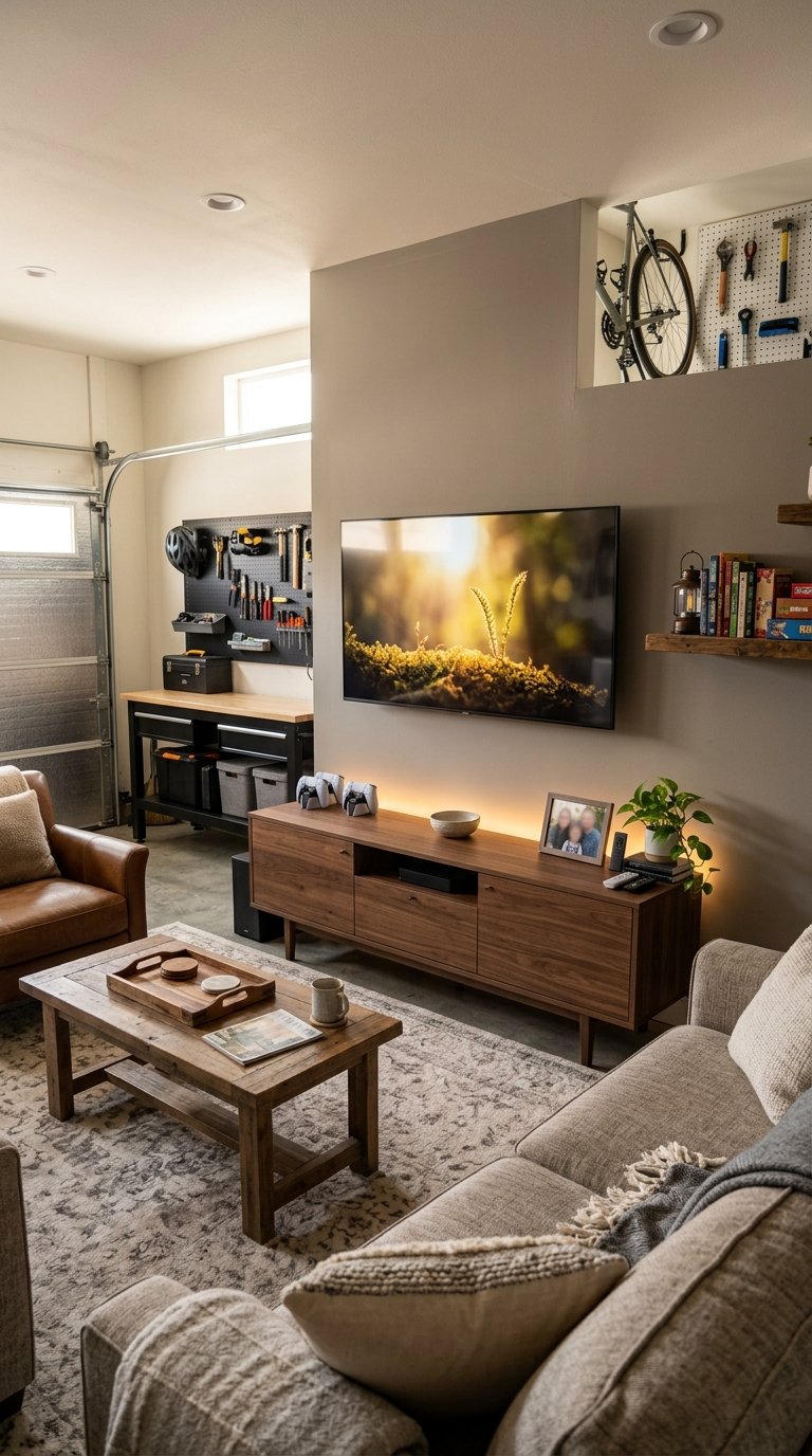A cozy garage lounge with a wall-mounted television above a console cabinet and comfortable seating.
