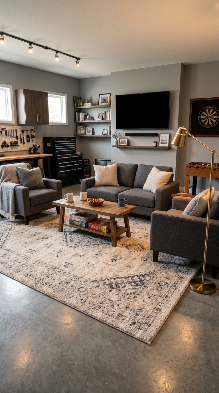 A cozy family lounge area with a soft patterned rug on a concrete garage floor, seating, a coffee table, and warm lighting.