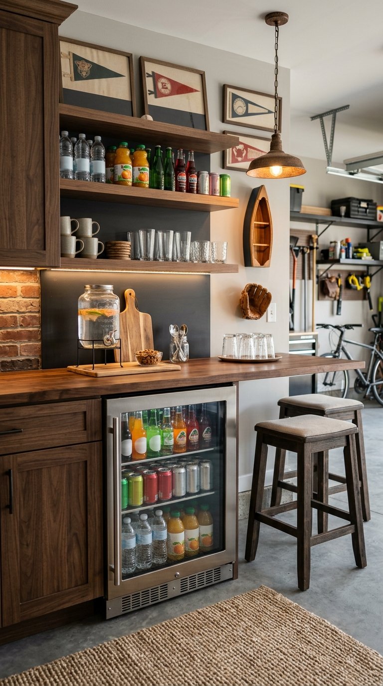 A cozy garage beverage station with a compact mini fridge, countertop, shelves, drinks, and bar stools.